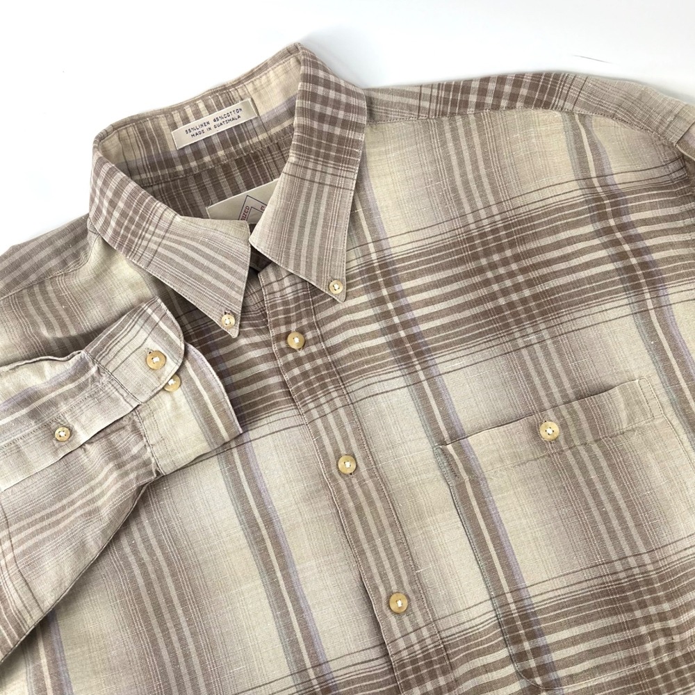 Men's Linen Cotton Plaid Button Down Shirt Tan Brown Oversized 16.5 34-35 AXXA